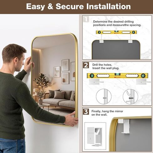 24x36 Inch Bathroom Mirrors for Over Sink, Brushed Gold Rectangle Mirror for Bathroom or Entryway, Wall Mounted Vanity Mirror with Aluminum Alloy Frame & Tempered Glass, Hangs Horizontally/Vertically in Saudi Arabia