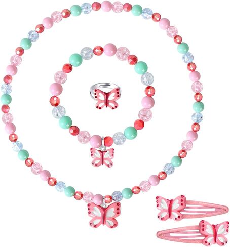 Toddler Butterfly Necklace with Box Kids Jewelry for Girls Bracelets Necklaces Rings Set Toddler Butterfly Beaded Bracelet Little Girl Hair clips Set Princess Pretend Play and Dress Up Jewelry Set in Saudi Arabia