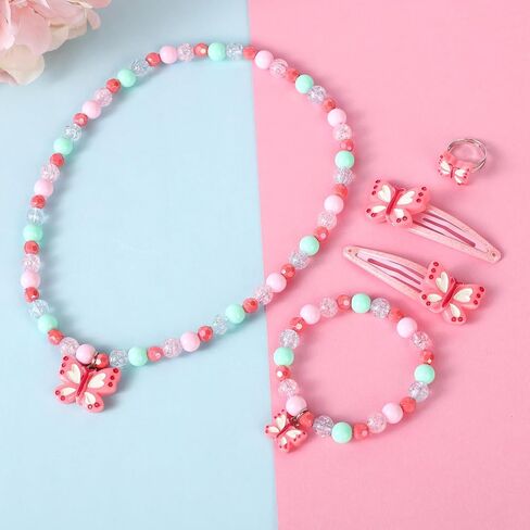 Toddler Butterfly Necklace with Box Kids Jewelry for Girls Bracelets Necklaces Rings Set Toddler Butterfly Beaded Bracelet Little Girl Hair clips Set Princess Pretend Play and Dress Up Jewelry Set in Saudi Arabia
