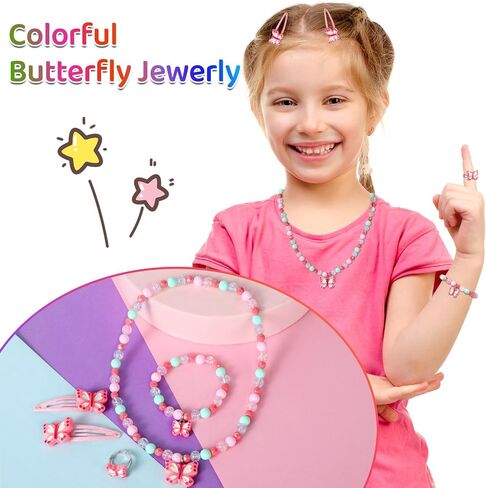 Toddler Butterfly Necklace with Box Kids Jewelry for Girls Bracelets Necklaces Rings Set Toddler Butterfly Beaded Bracelet Little Girl Hair clips Set Princess Pretend Play and Dress Up Jewelry Set in Saudi Arabia