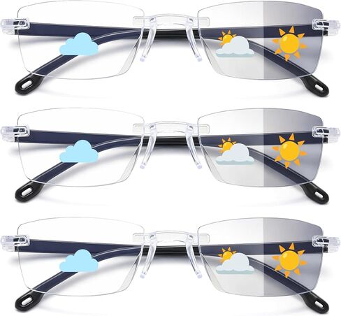 Auto Focus Rimless Reading Glasses Men Women 3 Pack Photochromic Anti-blue Light Glasses Non-Prescription Readers in Saudi Arabia
