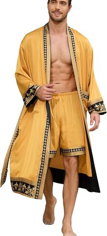 Men's Satin Robe Luxurious Kimono Bathrobe with Shorts Lightweight Soft Loungewear Nightwear with Pockets in Saudi Arabia