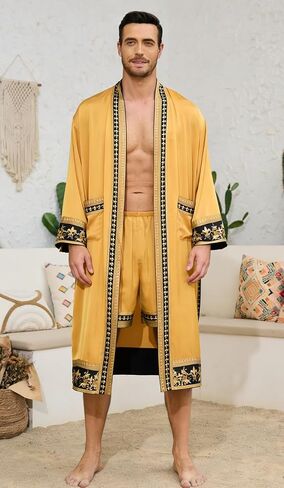Men's Satin Robe Luxurious Kimono Bathrobe with Shorts Lightweight Soft Loungewear Nightwear with Pockets in Saudi Arabia