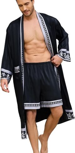 Men's Satin Robe Luxurious Kimono Bathrobe with Shorts Lightweight Soft Loungewear Nightwear with Pockets in Saudi Arabia