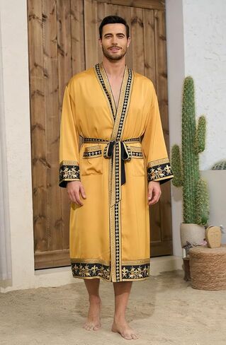 Men's Satin Robe Luxurious Kimono Bathrobe with Shorts Lightweight Soft Loungewear Nightwear with Pockets in Saudi Arabia