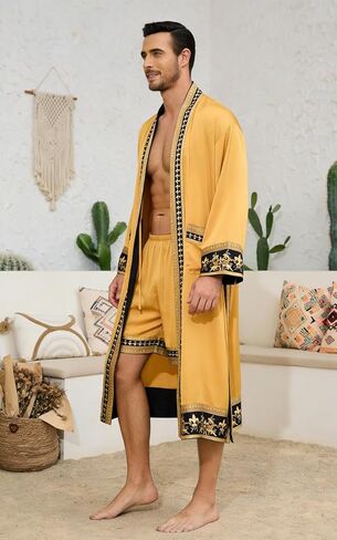 Men's Satin Robe Luxurious Kimono Bathrobe with Shorts Lightweight Soft Loungewear Nightwear with Pockets in Saudi Arabia