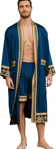 Men's Satin Robe Luxurious Kimono Bathrobe with Shorts Lightweight Soft Loungewear Nightwear with Pockets in Saudi Arabia
