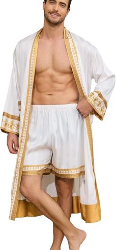 Men's Satin Robe Luxurious Kimono Bathrobe with Shorts Lightweight Soft Loungewear Nightwear with Pockets in Saudi Arabia