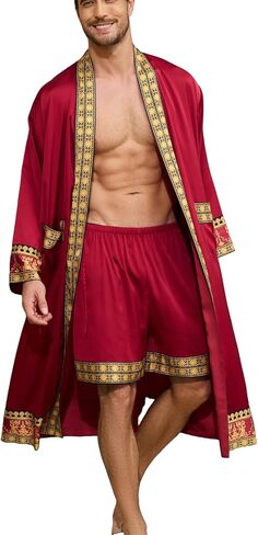Men's Satin Robe Luxurious Kimono Bathrobe with Shorts Lightweight Soft Loungewear Nightwear with Pockets in Saudi Arabia