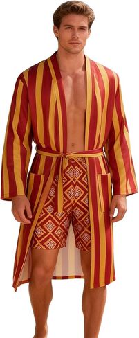 ODIZLI Men's 2 Piece Robe and Shorts Set - Striped Geo Print Open Front Loungewear with Pockets for Beach Vacation Loungewear in Kuwait