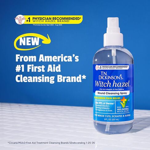 T.N. Dickinson’s Witch Hazel Wound Cleansing Spray | Antiseptic First Aid Spray with Pain Relief for Cuts, Scrapes, Burns & Skin Irritations | Alcohol-Free | Fragrance-Free | 8 Fl Oz in Kuwait