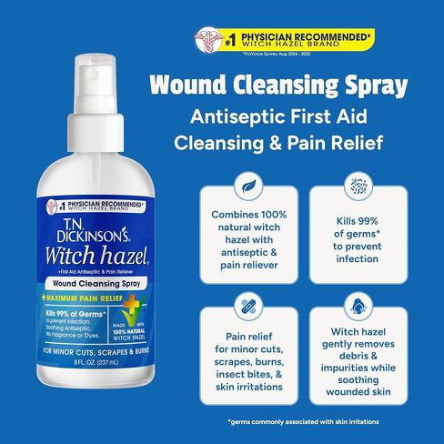 T.N. Dickinson’s Witch Hazel Wound Cleansing Spray | Antiseptic First Aid Spray with Pain Relief for Cuts, Scrapes, Burns & Skin Irritations | Alcohol-Free | Fragrance-Free | 8 Fl Oz in Kuwait
