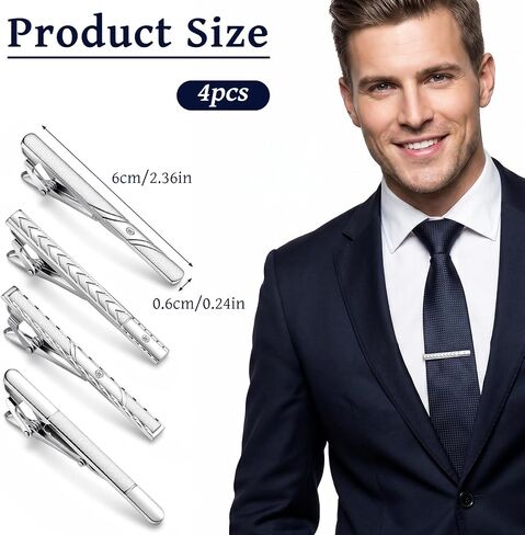 4Pcs Silver Tie Clips for Men Tie Pins Classic Business Ties Bars Clasps for Men for Formal Business Events Wedding Anniversary Fathers Day Gift Professional Office Wear in Kuwait