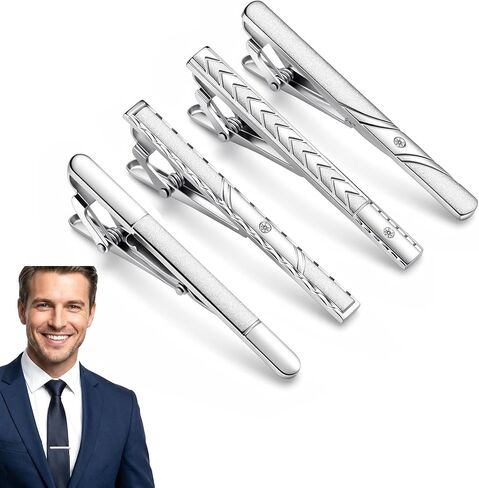 4Pcs Silver Tie Clips for Men Tie Pins Classic Business Ties Bars Clasps for Men for Formal Business Events Wedding Anniversary Fathers Day Gift Professional Office Wear in Kuwait