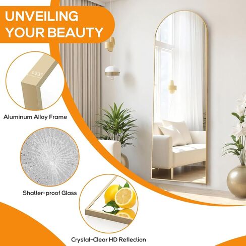 Arched Mirror Full Length, Upgraded 16"x59" Body Wall Mirrors with Shatter-Proof Glass, Floor Standing, Hanging or Leaning, Tall Arch Mirror with Stand Aluminum Alloy Frame for Bedroom, Gold in Saudi Arabia