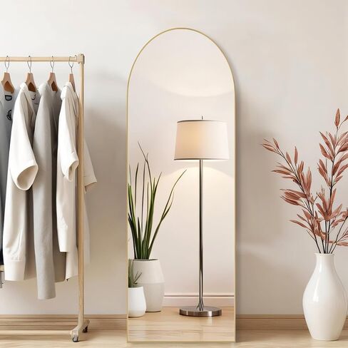 Arched Mirror Full Length, Upgraded 16"x59" Body Wall Mirrors with Shatter-Proof Glass, Floor Standing, Hanging or Leaning, Tall Arch Mirror with Stand Aluminum Alloy Frame for Bedroom, Gold in Saudi Arabia