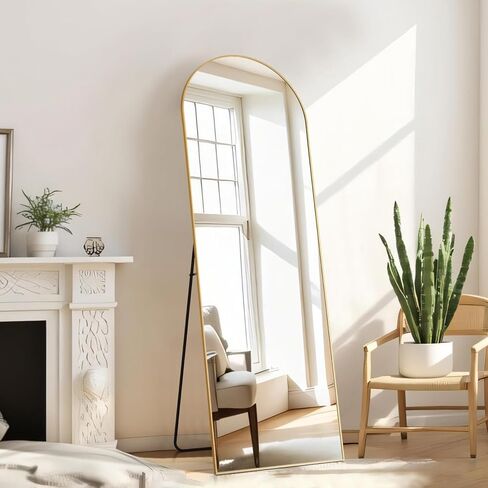Arched Mirror Full Length, Upgraded 16"x59" Body Wall Mirrors with Shatter-Proof Glass, Floor Standing, Hanging or Leaning, Tall Arch Mirror with Stand Aluminum Alloy Frame for Bedroom, Gold in Saudi Arabia
