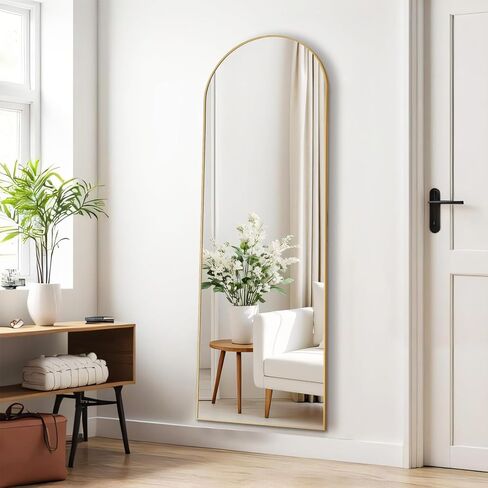 Arched Mirror Full Length, Upgraded 16"x59" Body Wall Mirrors with Shatter-Proof Glass, Floor Standing, Hanging or Leaning, Tall Arch Mirror with Stand Aluminum Alloy Frame for Bedroom, Gold in Saudi Arabia