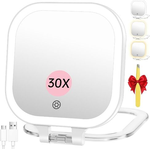 FASCINATE Rechargeable Travel Makeup Mirror 30X Magnification, 7" Lighted Portable Vanity Mirror with 3 Colors Lighting & Stepless Dimming, Double Sided LED Mirror, Gift for Women (White) in Saudi Arabia