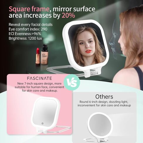 FASCINATE Rechargeable Travel Makeup Mirror 30X Magnification, 7" Lighted Portable Vanity Mirror with 3 Colors Lighting & Stepless Dimming, Double Sided LED Mirror, Gift for Women (White) in Saudi Arabia