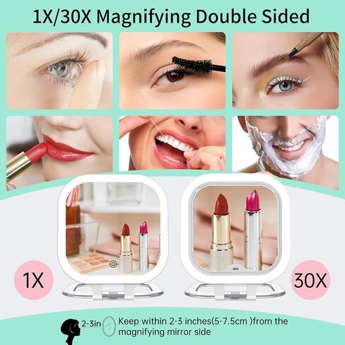FASCINATE Rechargeable Travel Makeup Mirror 30X Magnification, 7" Lighted Portable Vanity Mirror with 3 Colors Lighting & Stepless Dimming, Double Sided LED Mirror, Gift for Women (White) in Saudi Arabia