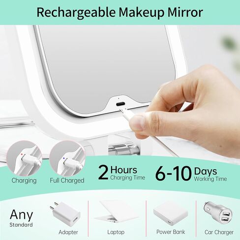 FASCINATE Rechargeable Travel Makeup Mirror 30X Magnification, 7" Lighted Portable Vanity Mirror with 3 Colors Lighting & Stepless Dimming, Double Sided LED Mirror, Gift for Women (White) in Saudi Arabia