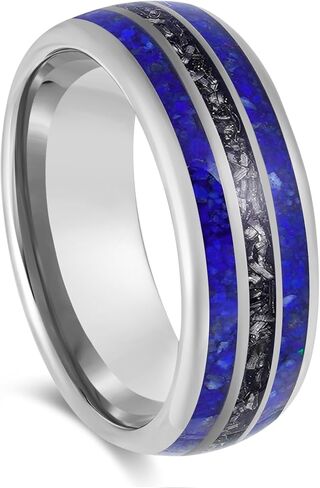 Men's Wedding Ring 8mm Silver Tungsten Lapis Lazuli & Meteorite Inlay – Comfort Fit Mens Wedding Band with Antique Wooden Ring Box in Saudi Arabia