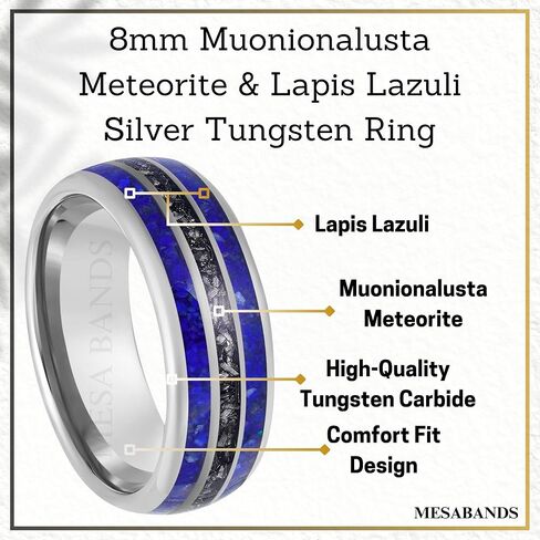 Men's Wedding Ring 8mm Silver Tungsten Lapis Lazuli & Meteorite Inlay – Comfort Fit Mens Wedding Band with Antique Wooden Ring Box in Saudi Arabia