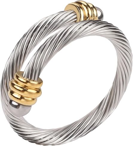Twisted Cable Wire Rings for Women, Adjustable Stainless Steel Open Ring in Two Tone Silver Gold Cable Chain Jewelries in Gift Box (Steel balls) in Saudi Arabia