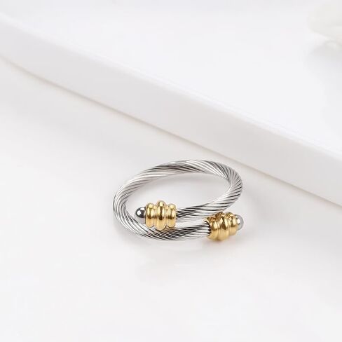 Twisted Cable Wire Rings for Women, Adjustable Stainless Steel Open Ring in Two Tone Silver Gold Cable Chain Jewelries in Gift Box (Steel balls) in Saudi Arabia