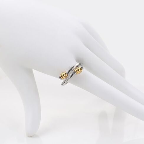 Twisted Cable Wire Rings for Women, Adjustable Stainless Steel Open Ring in Two Tone Silver Gold Cable Chain Jewelries in Gift Box (Steel balls) in Saudi Arabia
