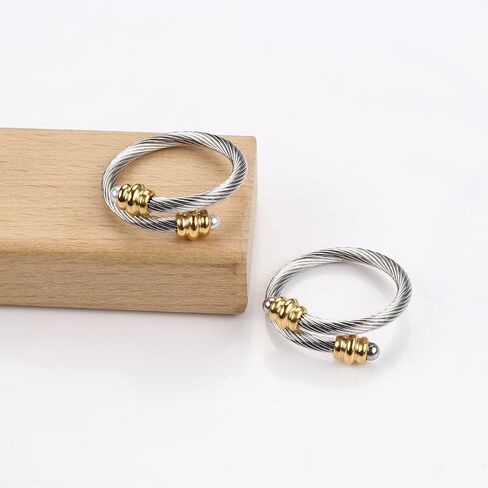 Twisted Cable Wire Rings for Women, Adjustable Stainless Steel Open Ring in Two Tone Silver Gold Cable Chain Jewelries in Gift Box (Steel balls) in Saudi Arabia