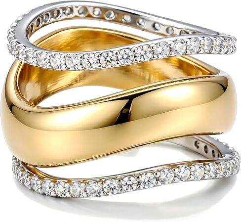 Stackable Gold Rings for Women Wavy Band Mixed Metals Dainty 14K Gold Plated Cubic Zirconia Wedding Bands Ring Set Minimalist Thumb Promise Engagement Eternity Ring Stack Jewelry Size 5-11 in Saudi Arabia