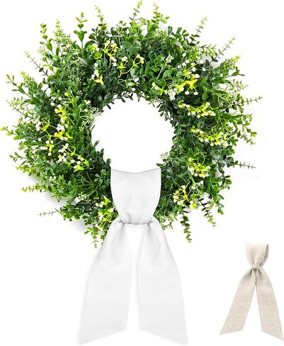 26 Inch Large Artificial Boxwood Wreath for Front Door All Season, Summer Wreaths with 2 Sashes, Baby's Breath, Eucalyptus and Flower Buds, Farmhouse Greenery Decor for Outdoor, Porch, Home in Saudi Arabia
