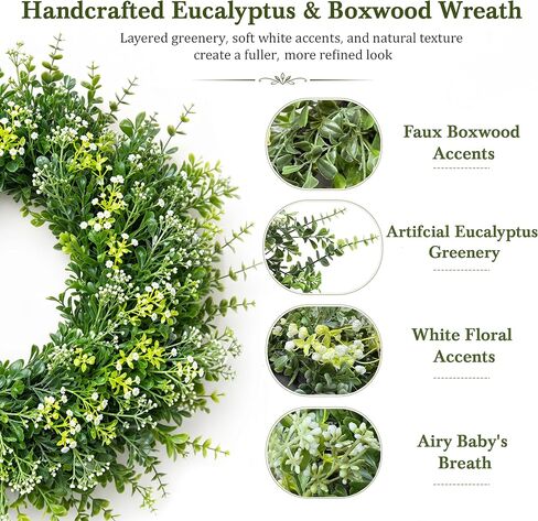 26 Inch Large Artificial Boxwood Wreath for Front Door All Season, Summer Wreaths with 2 Sashes, Baby's Breath, Eucalyptus and Flower Buds, Farmhouse Greenery Decor for Outdoor, Porch, Home in Saudi Arabia