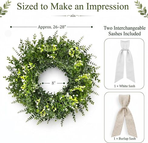 26 Inch Large Artificial Boxwood Wreath for Front Door All Season, Summer Wreaths with 2 Sashes, Baby's Breath, Eucalyptus and Flower Buds, Farmhouse Greenery Decor for Outdoor, Porch, Home in Saudi Arabia