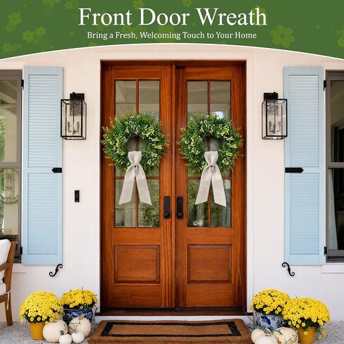 26 Inch Large Artificial Boxwood Wreath for Front Door All Season, Summer Wreaths with 2 Sashes, Baby's Breath, Eucalyptus and Flower Buds, Farmhouse Greenery Decor for Outdoor, Porch, Home in Saudi Arabia
