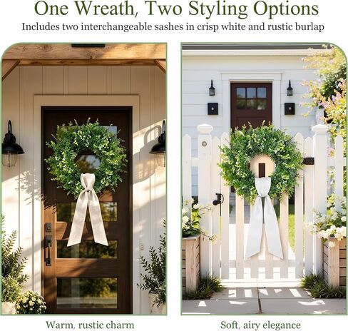 26 Inch Large Artificial Boxwood Wreath for Front Door All Season, Summer Wreaths with 2 Sashes, Baby's Breath, Eucalyptus and Flower Buds, Farmhouse Greenery Decor for Outdoor, Porch, Home in Saudi Arabia