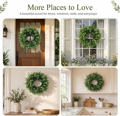 26 Inch Large Artificial Boxwood Wreath for Front Door All Season, Summer Wreaths with 2 Sashes, Baby's Breath, Eucalyptus and Flower Buds, Farmhouse Greenery Decor for Outdoor, Porch, Home in Saudi Arabia