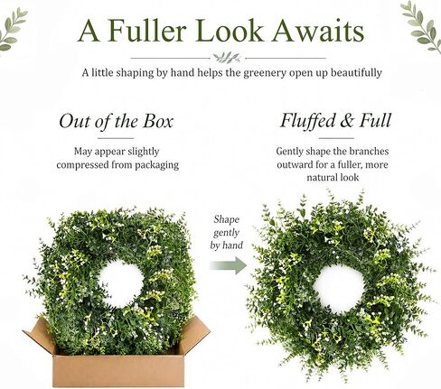 26 Inch Large Artificial Boxwood Wreath for Front Door All Season, Summer Wreaths with 2 Sashes, Baby's Breath, Eucalyptus and Flower Buds, Farmhouse Greenery Decor for Outdoor, Porch, Home in Saudi Arabia