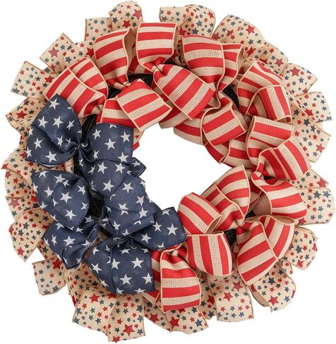 Patriotic Wreath for Front Door, 24 inch 4th of July Decorations with Red White Blue Flag Tags for 250th Anniversary American Independence Day Memorial Day Decor in Saudi Arabia