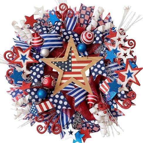 22 Inch Patriotic Wreath for Front Door, Forth of July Red White Blue Mesh Star Wreath for Indoor Outdoor, Memorial Day Independence Day Home Decor Wreaths in Kuwait