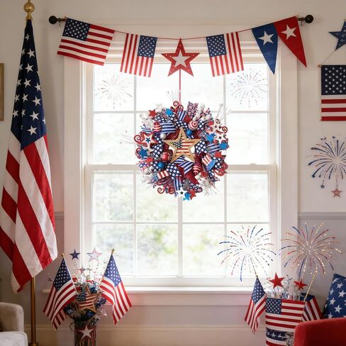 22 Inch Patriotic Wreath for Front Door, Forth of July Red White Blue Mesh Star Wreath for Indoor Outdoor, Memorial Day Independence Day Home Decor Wreaths in Kuwait