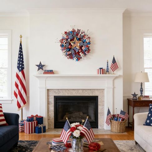 22 Inch Patriotic Wreath for Front Door, Forth of July Red White Blue Mesh Star Wreath for Indoor Outdoor, Memorial Day Independence Day Home Decor Wreaths in Kuwait