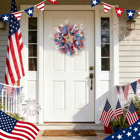 22 Inch Patriotic Wreath for Front Door, Forth of July Red White Blue Mesh Star Wreath for Indoor Outdoor, Memorial Day Independence Day Home Decor Wreaths in Kuwait