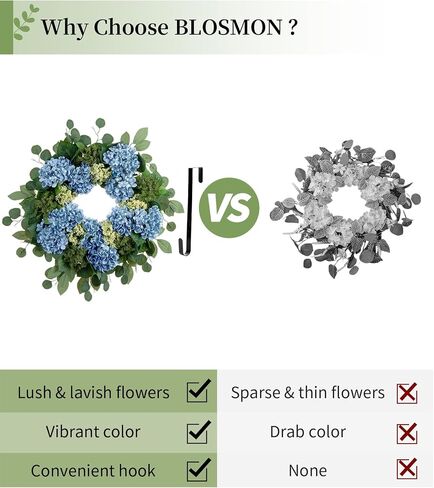 BLOSMON Hydrangea Wreaths for Front Door: 26 Inch Summer Spring Wreath Decorations for Home Outdoor Indoor - Dusty Blue Flower Wreath with Hanger for Outside All Season Wall Window Decor in Saudi Arabia