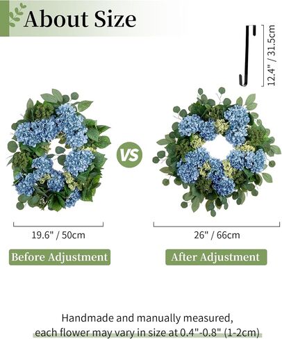 BLOSMON Hydrangea Wreaths for Front Door: 26 Inch Summer Spring Wreath Decorations for Home Outdoor Indoor - Dusty Blue Flower Wreath with Hanger for Outside All Season Wall Window Decor in Saudi Arabia