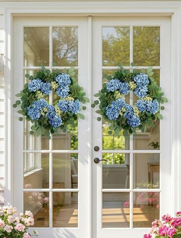 BLOSMON Hydrangea Wreaths for Front Door: 26 Inch Summer Spring Wreath Decorations for Home Outdoor Indoor - Dusty Blue Flower Wreath with Hanger for Outside All Season Wall Window Decor in Saudi Arabia
