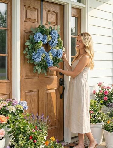 BLOSMON Hydrangea Wreaths for Front Door: 26 Inch Summer Spring Wreath Decorations for Home Outdoor Indoor - Dusty Blue Flower Wreath with Hanger for Outside All Season Wall Window Decor in Saudi Arabia