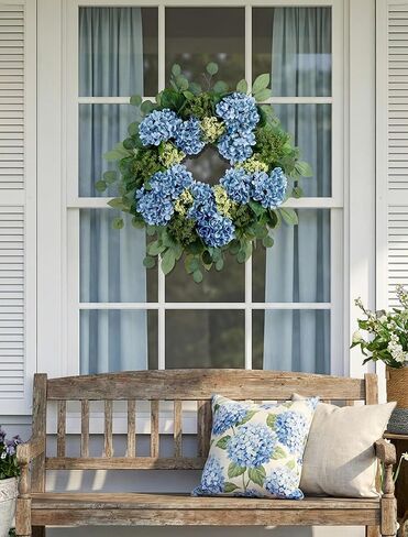 BLOSMON Hydrangea Wreaths for Front Door: 26 Inch Summer Spring Wreath Decorations for Home Outdoor Indoor - Dusty Blue Flower Wreath with Hanger for Outside All Season Wall Window Decor in Saudi Arabia